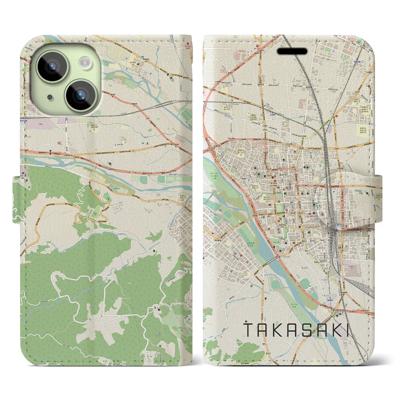 【高崎】地図柄iPhoneケース（手帳両面タイプ・ナチュラル）iPhone 15 用