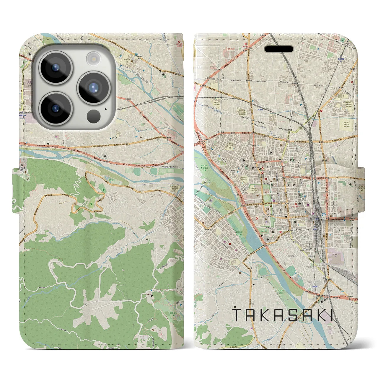 【高崎】地図柄iPhoneケース（手帳両面タイプ・ナチュラル）iPhone 15 Pro 用