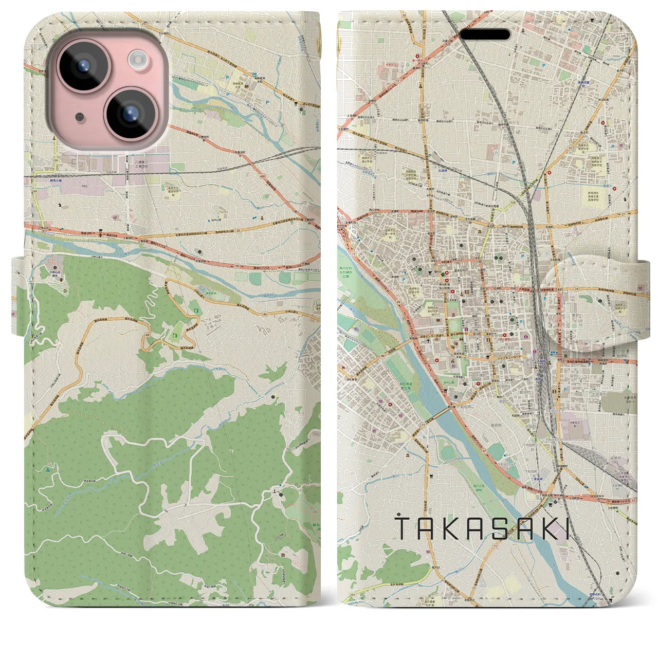 【高崎】地図柄iPhoneケース（手帳両面タイプ・ナチュラル）iPhone 15 Plus 用