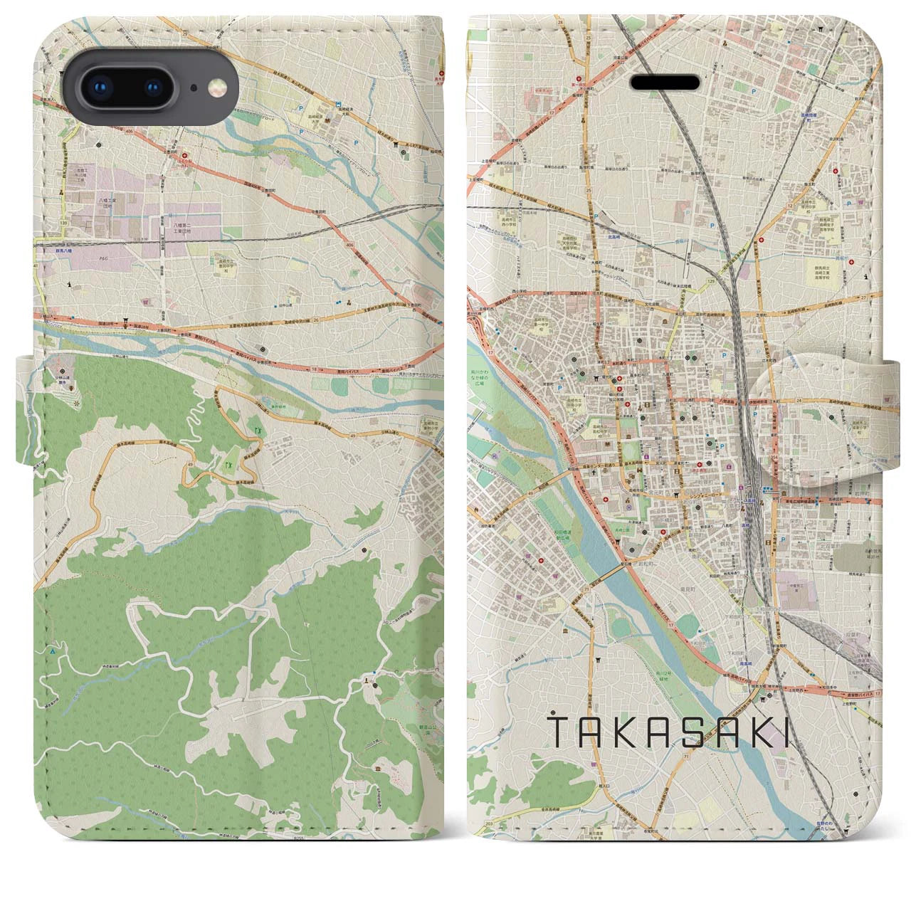 【高崎】地図柄iPhoneケース（手帳両面タイプ・ナチュラル）iPhone 8Plus /7Plus / 6sPlus / 6Plus 用