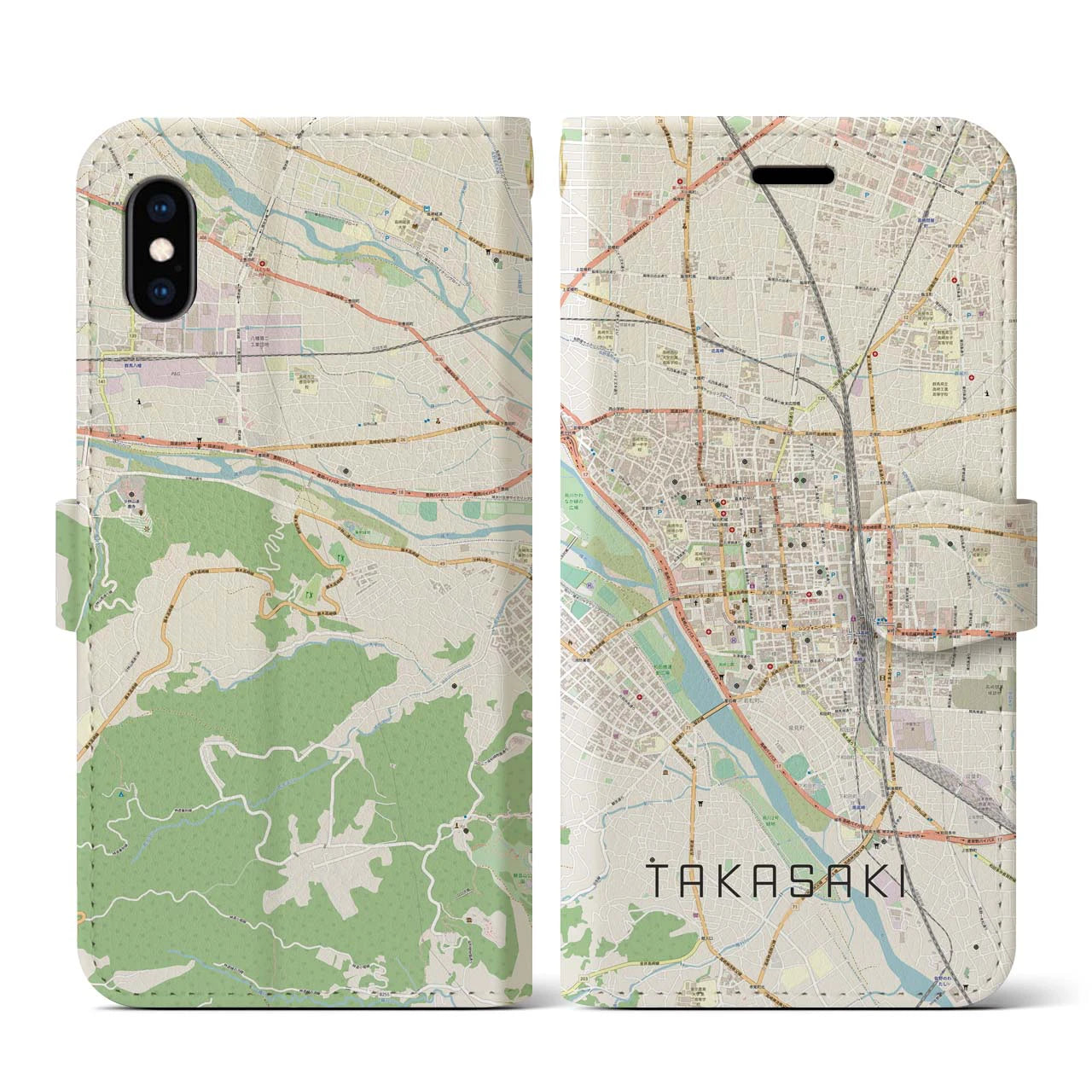 【高崎】地図柄iPhoneケース（手帳両面タイプ・ナチュラル）iPhone XS / X 用