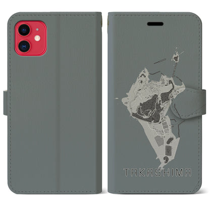 【高島（長崎県）】地図柄iPhoneケース（手帳タイプ）モノトーン・iPhone 11 用