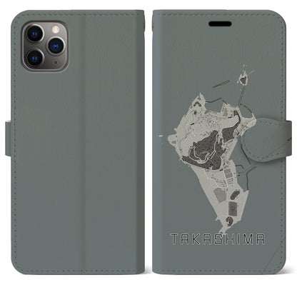 【高島（長崎県）】地図柄iPhoneケース（手帳タイプ）モノトーン・iPhone 11 Pro Max 用