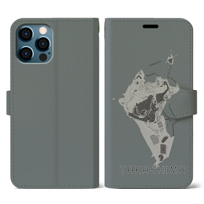 【高島（長崎県）】地図柄iPhoneケース（手帳タイプ）モノトーン・iPhone 12 / 12 Pro 用