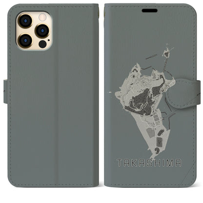 【高島（長崎県）】地図柄iPhoneケース（手帳タイプ）モノトーン・iPhone 12 Pro Max 用