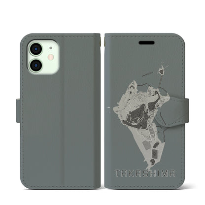 【高島（長崎県）】地図柄iPhoneケース（手帳タイプ）モノトーン・iPhone 12 mini 用