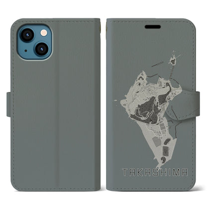 【高島（長崎県）】地図柄iPhoneケース（手帳タイプ）モノトーン・iPhone 13 用