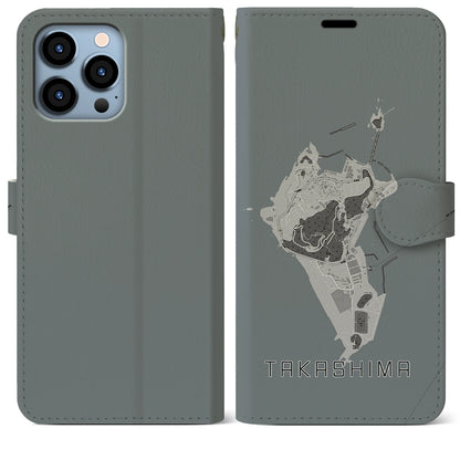 【高島（長崎県）】地図柄iPhoneケース（手帳タイプ）モノトーン・iPhone 13 Pro Max 用