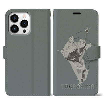 【高島（長崎県）】地図柄iPhoneケース（手帳タイプ）モノトーン・iPhone 13 Pro 用