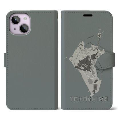 【高島（長崎県）】地図柄iPhoneケース（手帳タイプ）モノトーン・iPhone 14 用