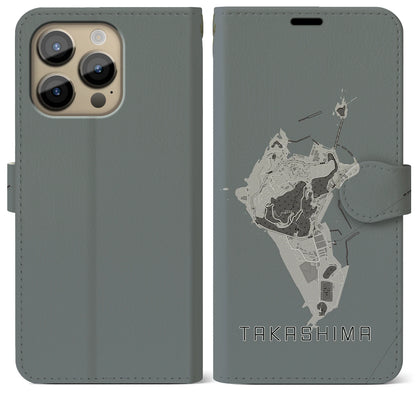 【高島（長崎県）】地図柄iPhoneケース（手帳タイプ）モノトーン・iPhone 14 Pro Max 用