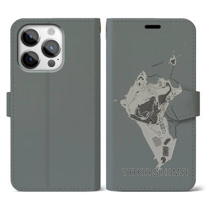 【高島（長崎県）】地図柄iPhoneケース（手帳タイプ）モノトーン・iPhone 14 Pro 用