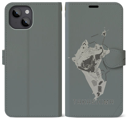 【高島（長崎県）】地図柄iPhoneケース（手帳タイプ）モノトーン・iPhone 14 Plus 用