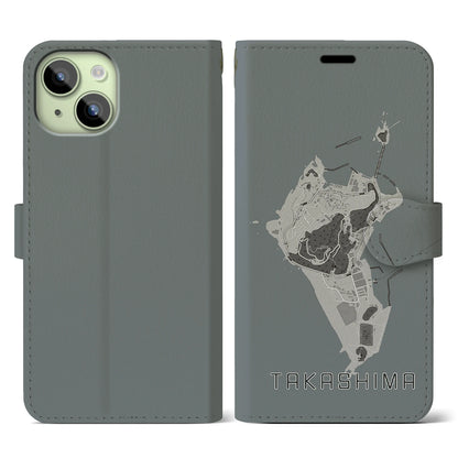 【高島（長崎県）】地図柄iPhoneケース（手帳タイプ）モノトーン・iPhone 15 用
