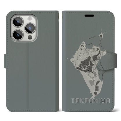 【高島（長崎県）】地図柄iPhoneケース（手帳タイプ）モノトーン・iPhone 15 Pro 用