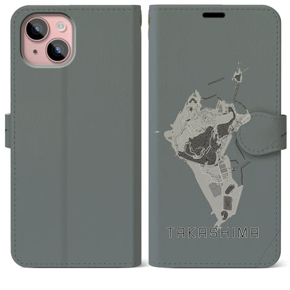 【高島（長崎県）】地図柄iPhoneケース（手帳タイプ）モノトーン・iPhone 15 Plus 用