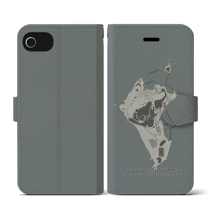 【高島（長崎県）】地図柄iPhoneケース（手帳タイプ）モノトーン・iPhone SE（第3 / 第2世代） / 8 / 7 / 6s / 6 用