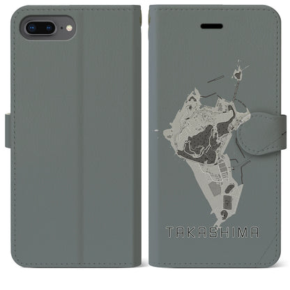 【高島（長崎県）】地図柄iPhoneケース（手帳タイプ）モノトーン・iPhone 8Plus /7Plus / 6sPlus / 6Plus 用