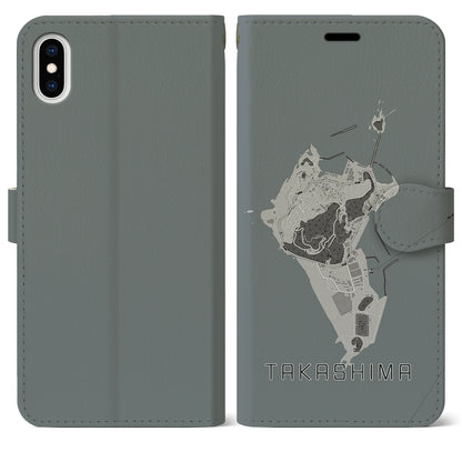 【高島（長崎県）】地図柄iPhoneケース（手帳タイプ）モノトーン・iPhone XS Max 用