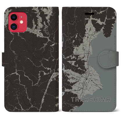 【高島（滋賀県）】地図柄iPhoneケース（手帳タイプ）モノトーン・iPhone 11 用