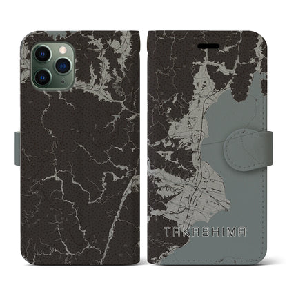 【高島（滋賀県）】地図柄iPhoneケース（手帳タイプ）モノトーン・iPhone 11 Pro 用
