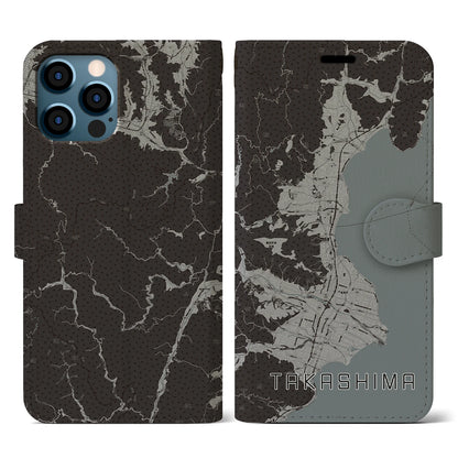 【高島（滋賀県）】地図柄iPhoneケース（手帳タイプ）モノトーン・iPhone 12 / 12 Pro 用
