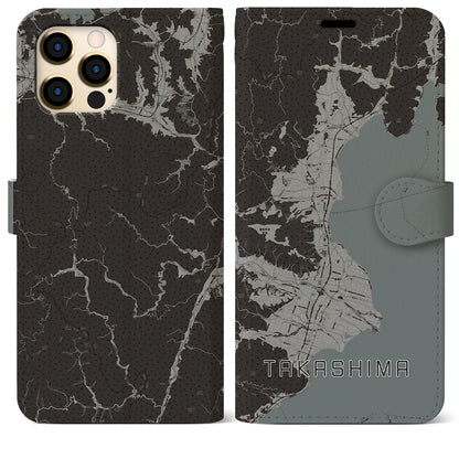 【高島（滋賀県）】地図柄iPhoneケース（手帳タイプ）モノトーン・iPhone 12 Pro Max 用