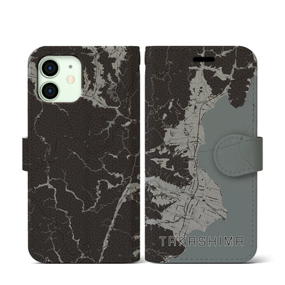 【高島（滋賀県）】地図柄iPhoneケース（手帳タイプ）モノトーン・iPhone 12 mini 用