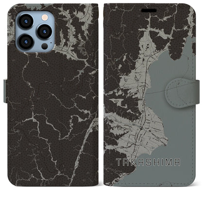 【高島（滋賀県）】地図柄iPhoneケース（手帳タイプ）モノトーン・iPhone 13 Pro Max 用