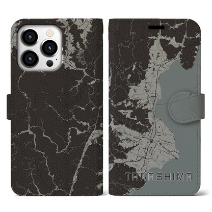 【高島（滋賀県）】地図柄iPhoneケース（手帳タイプ）モノトーン・iPhone 13 Pro 用