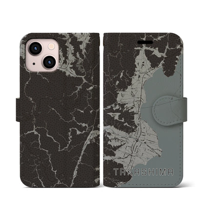 【高島（滋賀県）】地図柄iPhoneケース（手帳タイプ）モノトーン・iPhone 13 mini 用