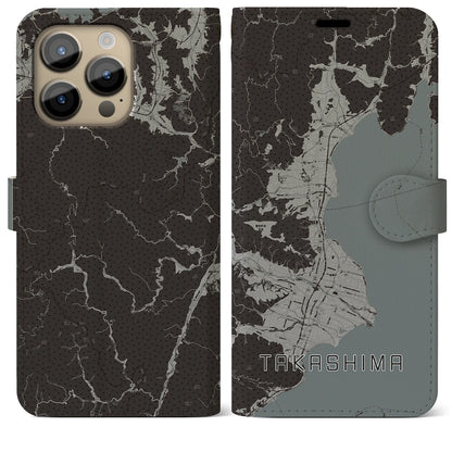 【高島（滋賀県）】地図柄iPhoneケース（手帳タイプ）モノトーン・iPhone 14 Pro Max 用