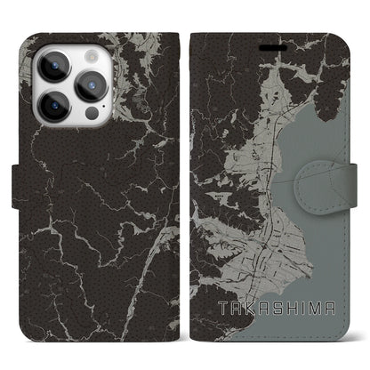 【高島（滋賀県）】地図柄iPhoneケース（手帳タイプ）モノトーン・iPhone 14 Pro 用