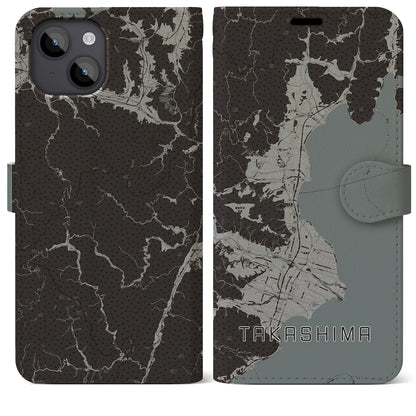 【高島（滋賀県）】地図柄iPhoneケース（手帳タイプ）モノトーン・iPhone 14 Plus 用