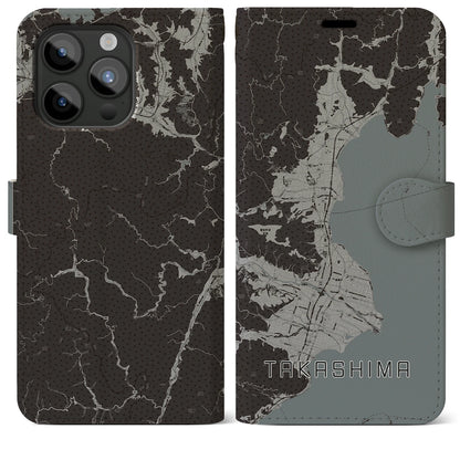 【高島（滋賀県）】地図柄iPhoneケース（手帳タイプ）モノトーン・iPhone 15 Pro Max 用