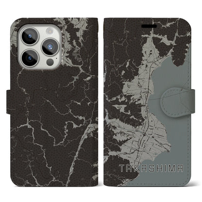 【高島（滋賀県）】地図柄iPhoneケース（手帳タイプ）モノトーン・iPhone 15 Pro 用
