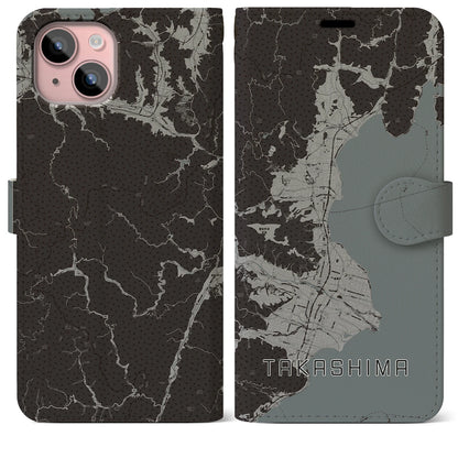 【高島（滋賀県）】地図柄iPhoneケース（手帳タイプ）モノトーン・iPhone 15 Plus 用