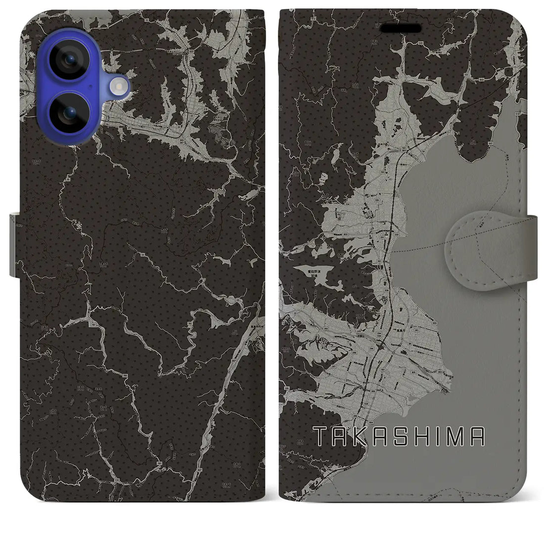 【高島(滋賀県)】地図柄iPhoneケース(手帳タイプ)モノトーン・iPhone 16 Pro Max 用