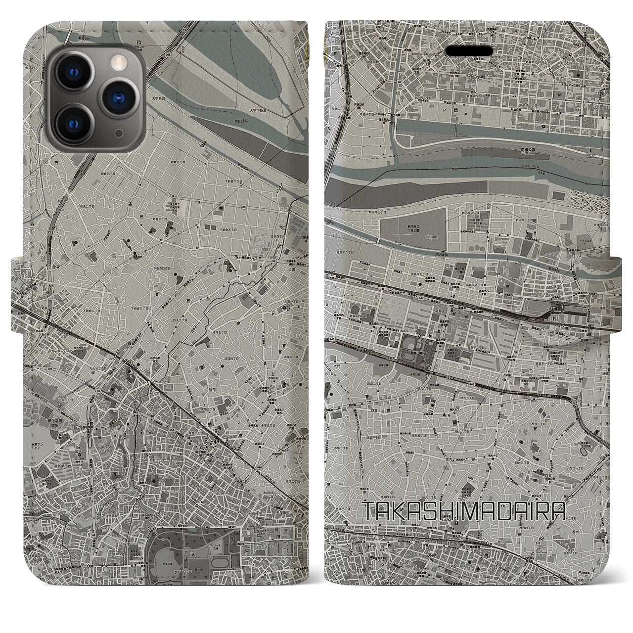 【高島平】地図柄iPhoneケース（手帳両面タイプ・モノトーン）iPhone 11 Pro Max 用
