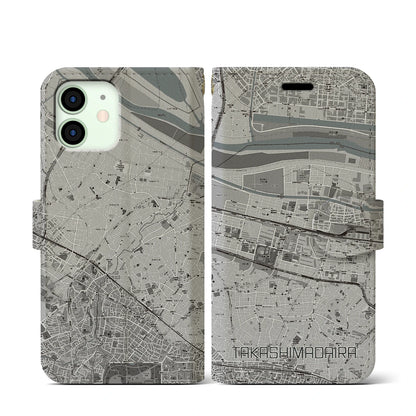 【高島平（東京都）】地図柄iPhoneケース（手帳タイプ）モノトーン・iPhone 12 mini 用