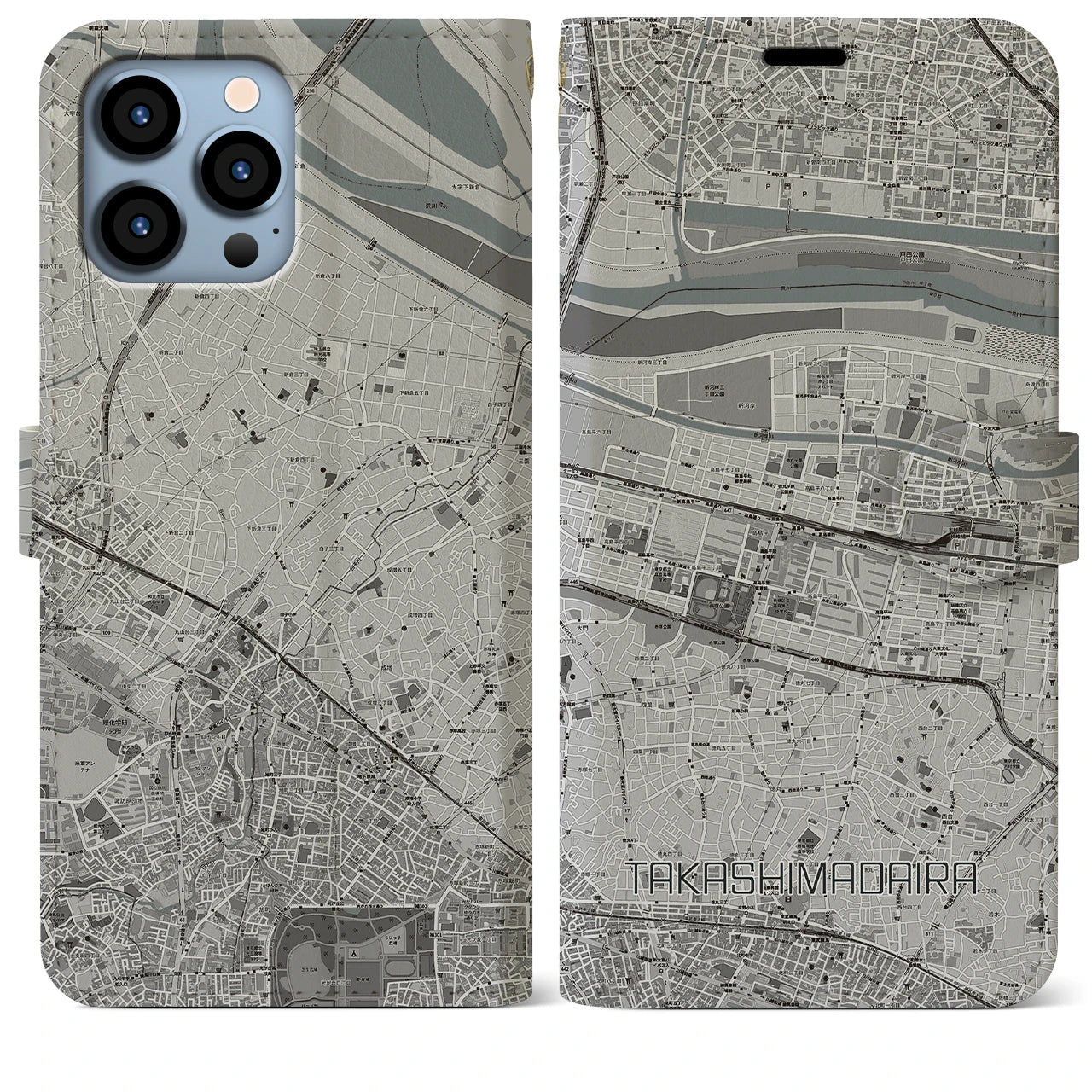 【高島平】地図柄iPhoneケース（手帳両面タイプ・モノトーン）iPhone 13 Pro Max 用