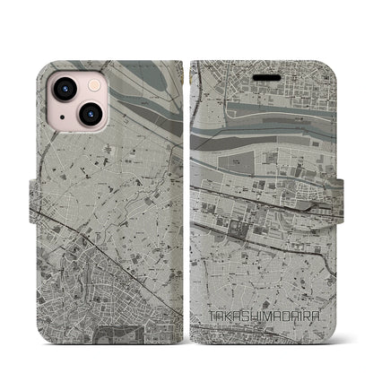 【高島平（東京都）】地図柄iPhoneケース（手帳タイプ）モノトーン・iPhone 13 mini 用