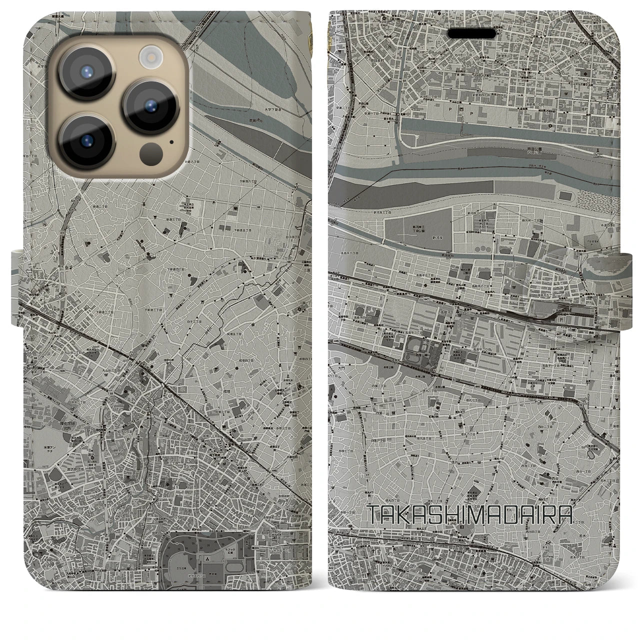 【高島平】地図柄iPhoneケース（手帳両面タイプ・モノトーン）iPhone 14 Pro Max 用