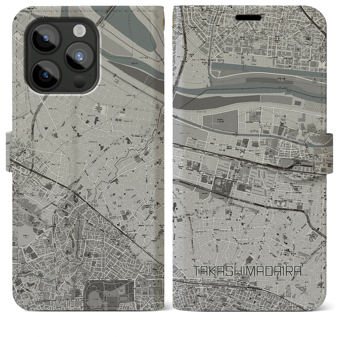 【高島平】地図柄iPhoneケース（手帳両面タイプ・モノトーン）iPhone 15 Pro Max 用