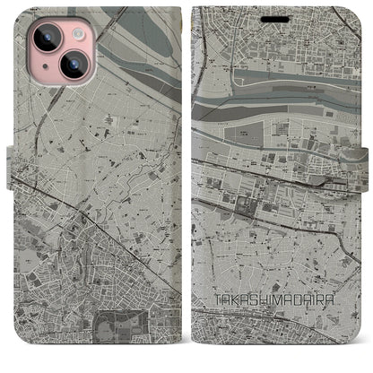 【高島平（東京都）】地図柄iPhoneケース（手帳タイプ）モノトーン・iPhone 15 Plus 用