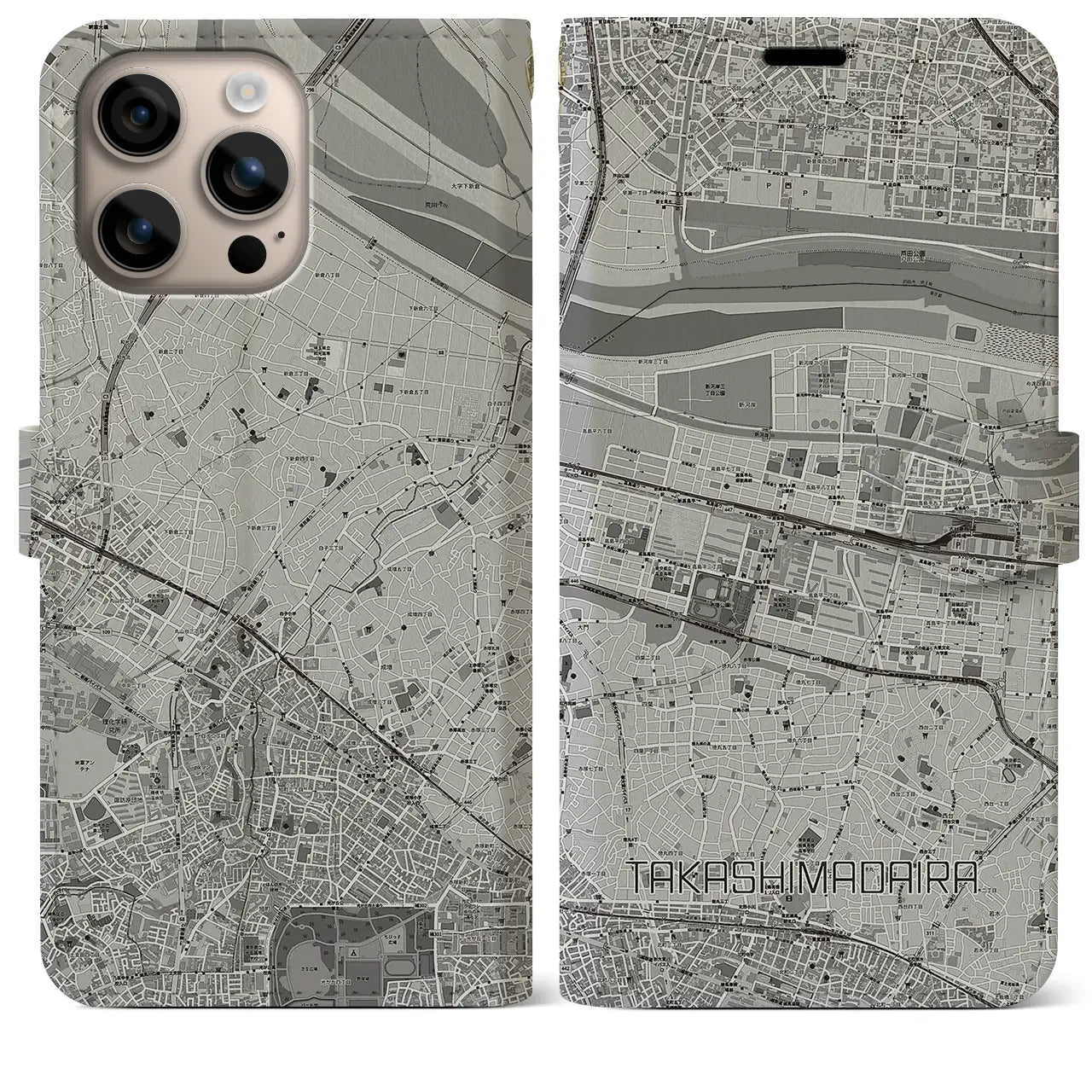 【高島平（東京都）】地図柄iPhoneケース（手帳タイプ）モノトーン・iPhone 16 Plus 用