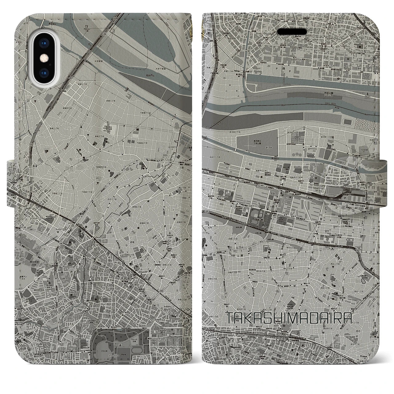【高島平】地図柄iPhoneケース（手帳両面タイプ・モノトーン）iPhone XS Max 用