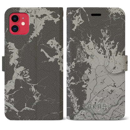 【鷹栖（北海道）】地図柄iPhoneケース（手帳タイプ）モノトーン・iPhone 11 用