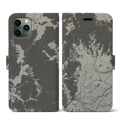 【鷹栖（北海道）】地図柄iPhoneケース（手帳タイプ）モノトーン・iPhone 11 Pro 用