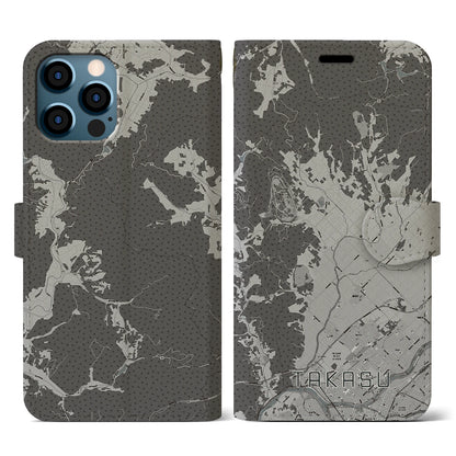 【鷹栖（北海道）】地図柄iPhoneケース（手帳タイプ）モノトーン・iPhone 12 / 12 Pro 用